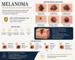 Medical infographic illustrating melanoma, highlighting the ABCDE warning signs, common appearances of melanoma, risk factors, and the importance of early skin cancer detection.
