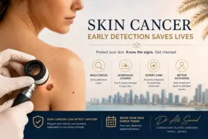 Feature image illustrating skin cancer awareness with dermatoscopic examination of a suspicious mole, highlighting the importance of early skin cancer detection and mole checks in Doha, Qatar.