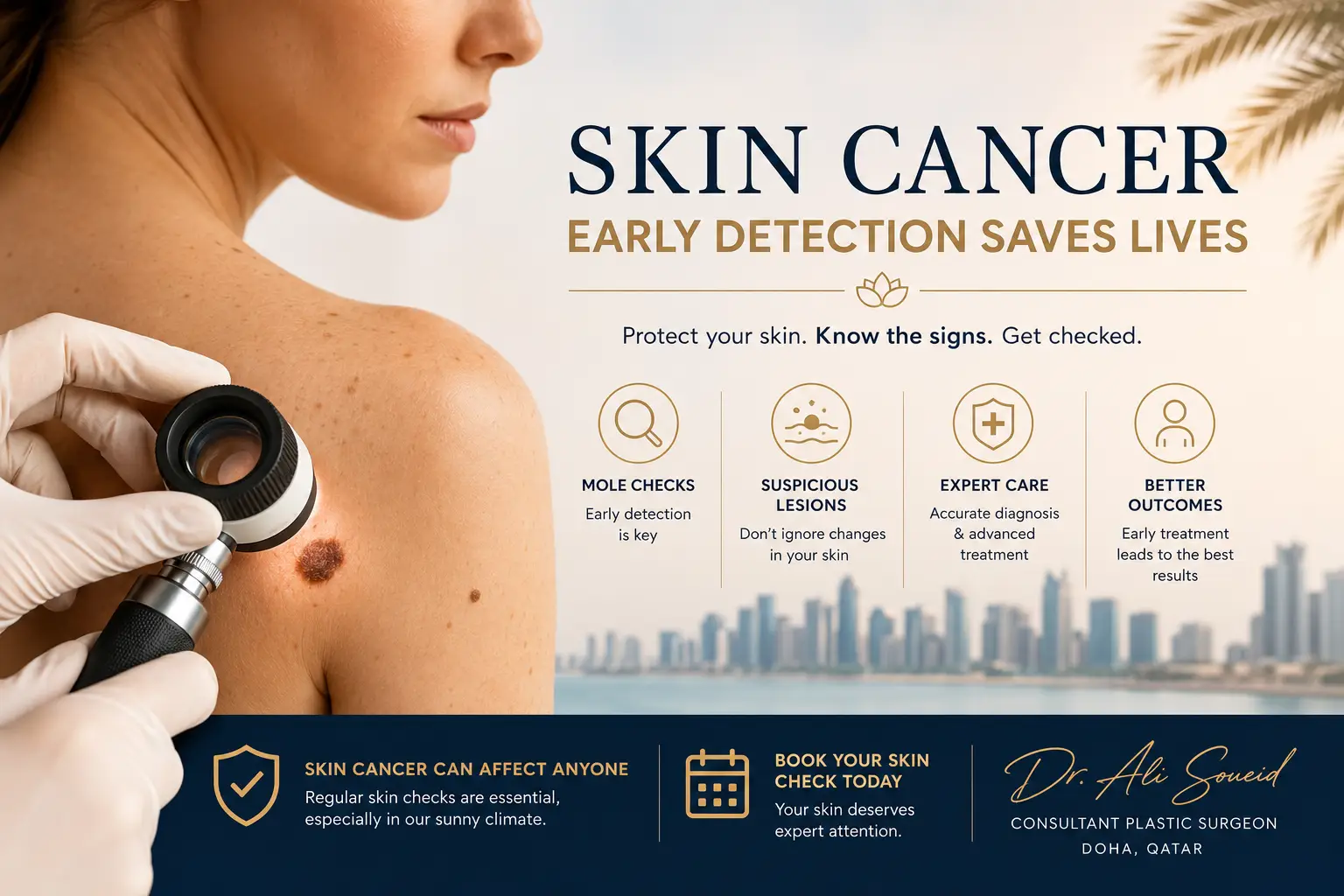 Feature image illustrating skin cancer awareness with dermatoscopic examination of a suspicious mole, highlighting the importance of early skin cancer detection and mole checks in Doha, Qatar.